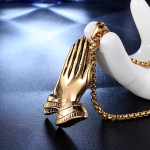 Golden stainless steel praying hands pendant necklace on a classic box chain