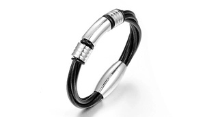 Detailed view of black braided leather cords with polished stainless steel magnetic clasp