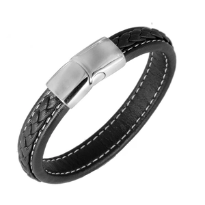 Bracciale in pelle intrecciata nera con cuciture bianche e chiusura magnetica in acciaio inox