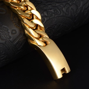 Men's bold gold-plated stainless steel Cuban link bracelet with a sleek flat metal clasp