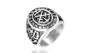 Detail of vintage United States Navy ring with anchor emblem and embossed USN text