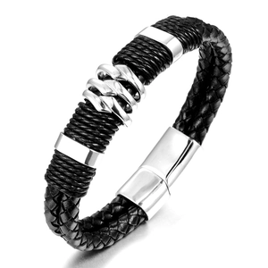 Bracelet Homme Vintage en Cuir Artificiel Tressé Noir Avec Fermoir Magnétique en Acier Inoxydable Anneaux Géométriques Argentés