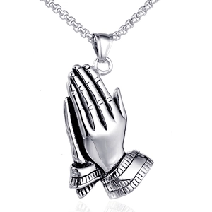Polished stainless steel praying hands pendant on a silver box chain for men
