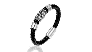 Bracelet en cuir tressé noir avec perles de crâne et fermoir magnétique en argent poli