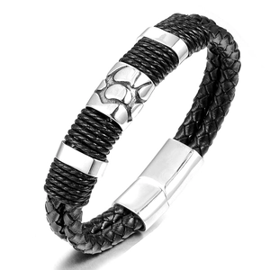 Bracelet pour Hommes en Cuir Noir Tressé Décontracté Avec Fermoir Magnétique en Acier Inoxydable Bijoux Punk Géométriques Argent