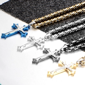 Men Stainless Steel Three Layer Cross Pendant Necklace With Thick Byzantine Chain Punk Religious Jewelry Rhinestone Inlaid Necklace