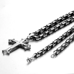Three-layer cross pendant with 5mm Byzantine chain necklace in silver and black steel