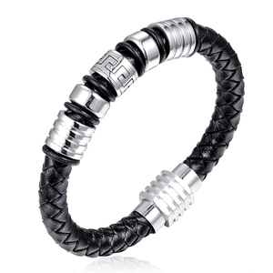 Men's Fashion Braided Leather Bracelet With Stainless Steel Greek Key Pattern Metal Ornaments Silver Magnetic Clasp Bangle Jewelry