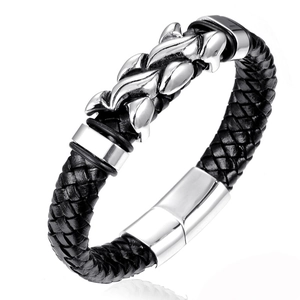 Punk Men Braided Leather Bracelet Stainless Steel Flame Ornament Magnetic Clasp Hip Hop Rock Fashion Wristband Jewelry