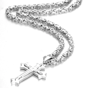 Punk S925 silver layered cross pendant necklace with 5mm handmade Byzantine chain link