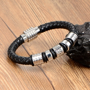 Men's braided black leather bracelet with Greek fret pattern beads and magnetic clasp