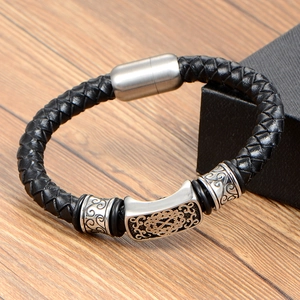 Men's black braided leather bracelet with engraved silver charms and magnetic buckle