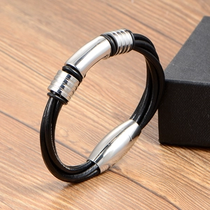Braided black leather multi-layer men's bracelet with polished stainless steel magnetic clasp