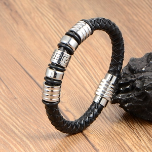 Men's braided black leather bracelet with silver stainless steel Greek meander pattern