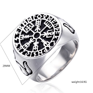 Macro view of vintage titanium steel ring showing 29MM Vegvisir compass and runes
