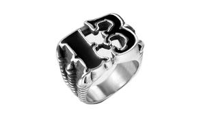 Detailed close-up of retro stainless steel men's ring featuring the lucky number 13