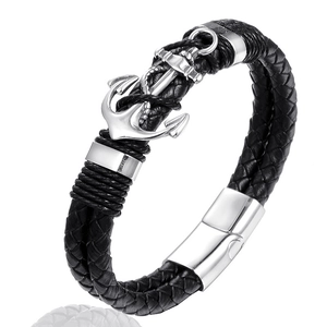 Vintage Men Anchor Bracelet Black Woven Leather Rope Titanium Steel Magnetic Clasp Nautical Wristband Fashion Jewelry Accessory