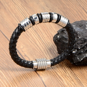 Men's braided black leather bracelet with silver Greek key metal beads and magnetic clasp