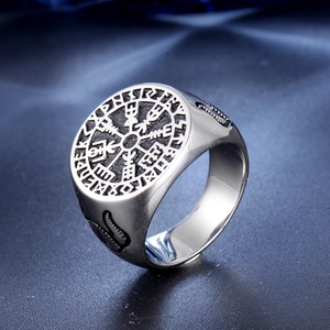 Vintage Viking compass steel ring with Vegvisir symbol and rune engravings for men