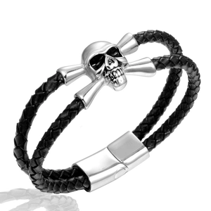 Men Hand-Woven Black Genuine Leather Bracelet Stainless Steel Skull Crossbones Ornament Punk Rock Gothic Jewelry Magnetic Buckle