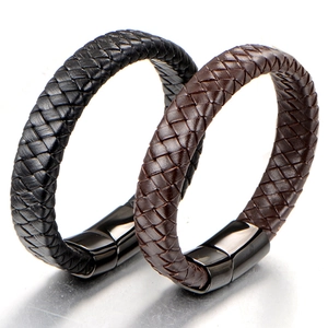 Fashion Men Stainless Steel Braided Leather Bracelet Magnetic Clasp Casual Black Brown Wristband Jewelry Accessory Gift
