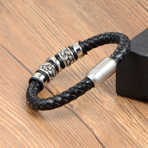 Vintage black leather woven bracelet for men with silver cross skull beads and magnetic clasp