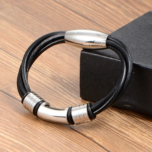 Braided black leather bracelet for men with silver stainless steel magnetic clasp