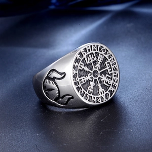 Vintage stainless steel Vegvisir viking compass signet ring for men with runes