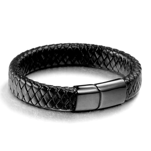 Minimalist black braided leather bracelet for men with polished magnetic metal clasp
