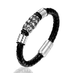 Bracelet Homme Cuir Tressé Noir Acier Titane Crâne Gothique Fermoir Magnétique Vintage Punk Rock Biker Bijoux Chaîne Main