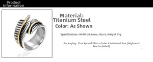 Detailed specs of 316L stainless steel feather ring with silver and gold finish