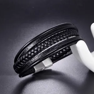 Men's multi-layer black braided leather bracelet with a silver magnetic metal clasp