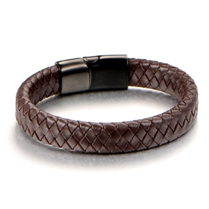 Minimalist brown braided leather bracelet for men with black magnetic metal clasp