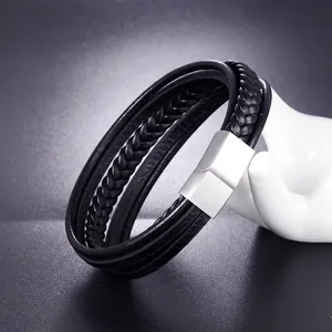 Multi-layer black braided leather bracelet with matte silver stainless steel magnetic clasp
