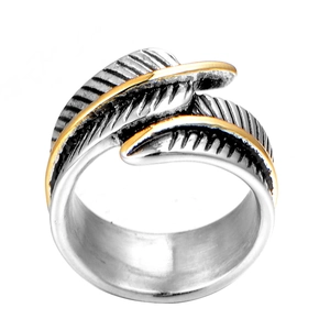 316L stainless steel feather ring with gold edge and vintage engraved textures