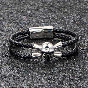Punk black braided leather bracelet for men with stainless steel skull and crossbones charm