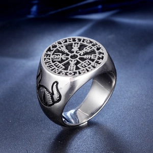 Vintage Viking compass ring in stainless steel with Nordic rune and dragon side carvings