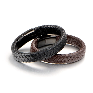 Minimalist woven leather bracelet set in black and brown with matte metal clasps