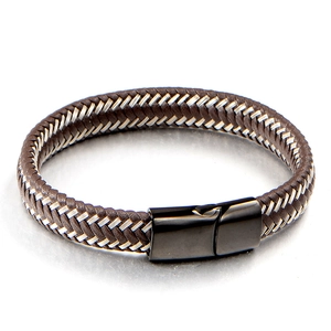 Men's minimalist braided leather bracelet with black stainless steel magnetic clasp