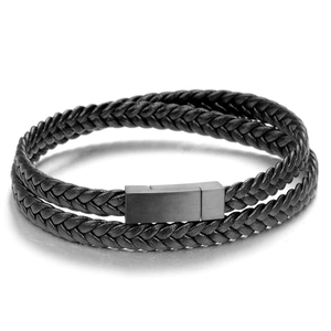 Black braided leather bracelet for men with matte magnetic stainless steel clasp