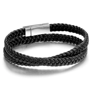 Men's double-layered black braided leather bracelet with silver polished magnetic clasp