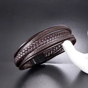 Men's multi-layer braided dark brown leather bracelet with black magnetic clasp
