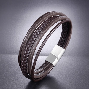 Vintage multi-layer braided leather bracelet with magnetic stainless steel clasp