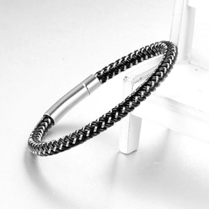 Men's minimalist braided stainless steel and black leather bracelet with a polished clasp