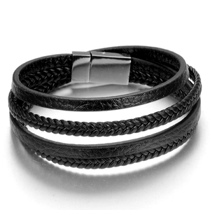 Minimalist multi-layer woven leather bracelet with black magnetic clasp for men