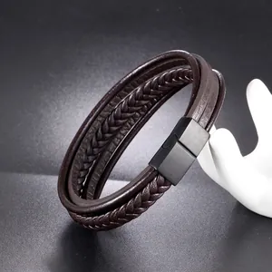 Multilayer dark brown braided leather bracelet with black magnetic clasp on display