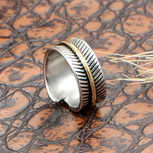 Vintage 316L stainless steel feather ring with gold band and adjustable open design