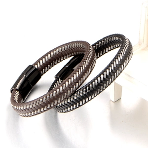 Men's braided leather bracelet set with magnetic clasps in black and brown finishes