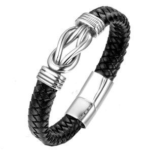 Bracciale da uomo in pelle intrecciata con nodo infinito in acciaio e chiusura magnetica