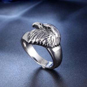 Vintage punk eagle head stainless steel ring for men with detailed feather texture